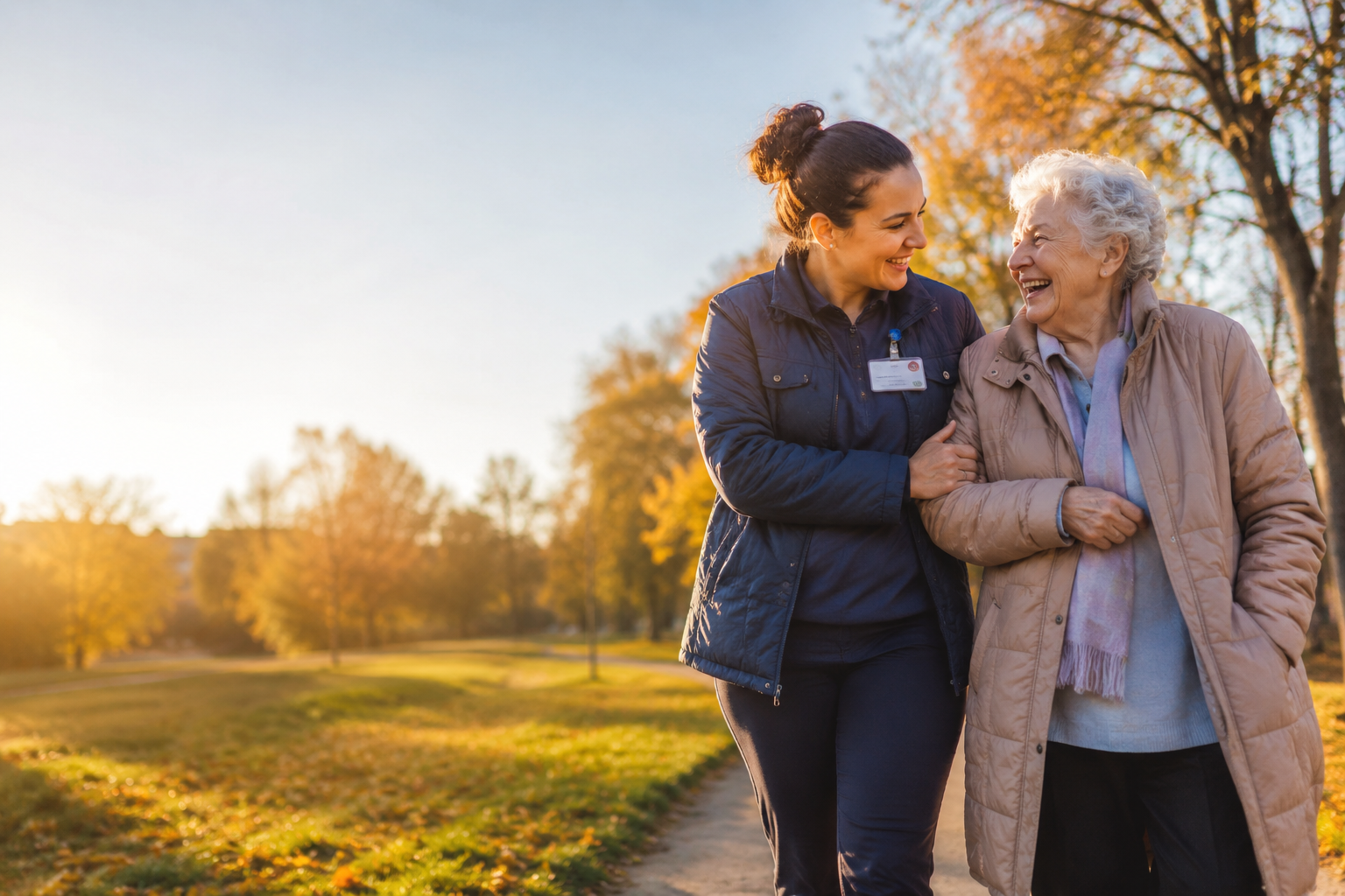 A companion walking arm-in-arm with an older woman at sunset