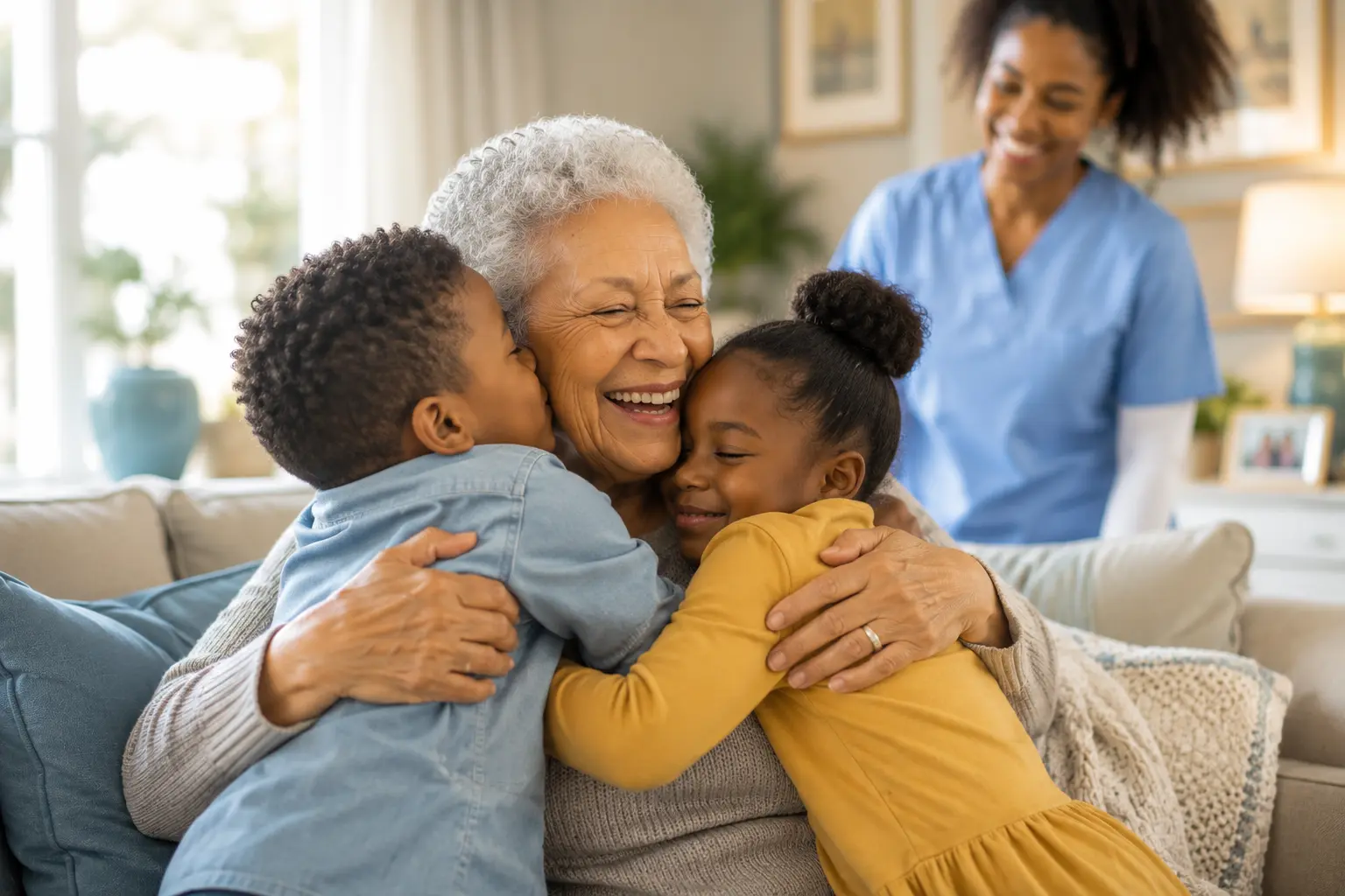 Two grandchildren hugging their smiling grandmother while a companion looks on