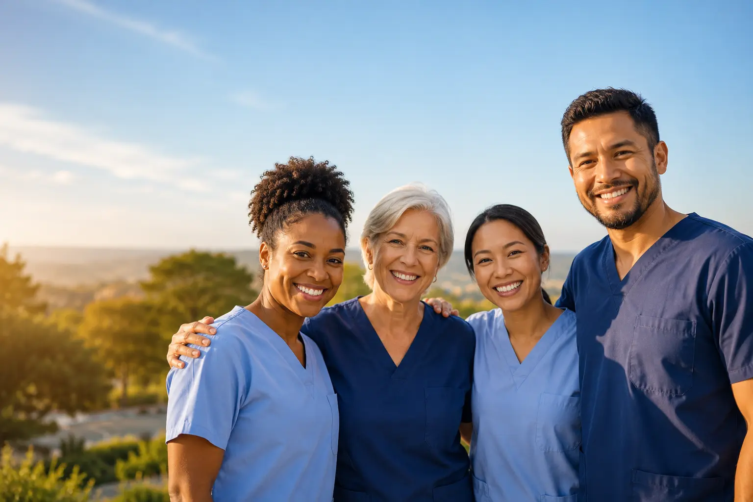 Four smiling Harmony Bridge companions standing together outdoors at golden hour
