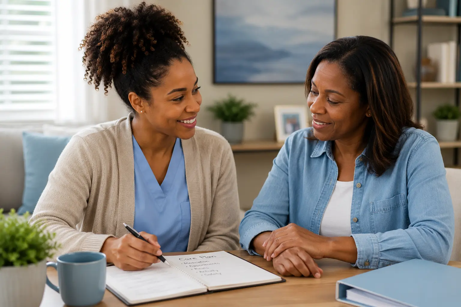 A companion and a family member writing a care plan together at the kitchen table
