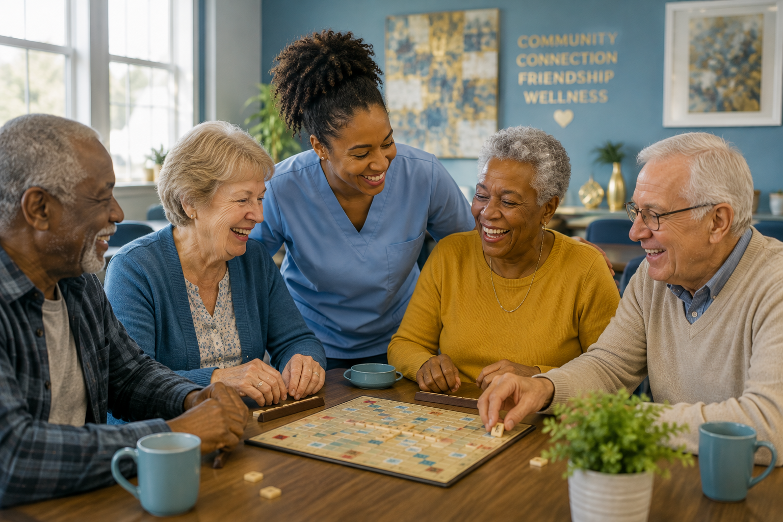 Seniors playing a word game with their companion