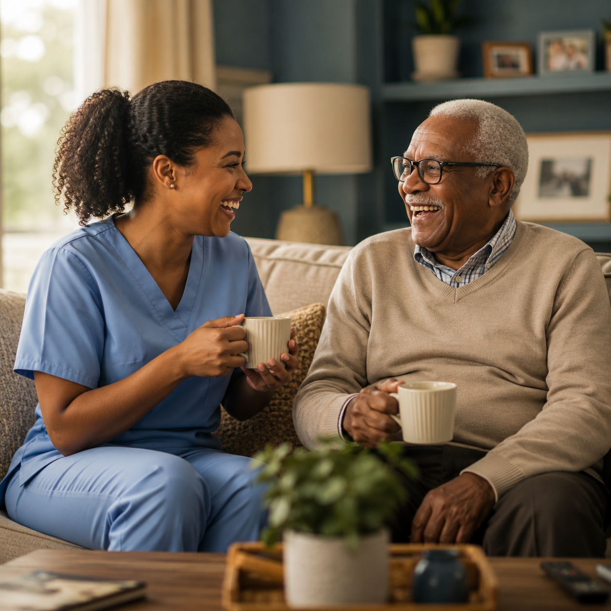 A companion and an older gentleman laughing over coffee