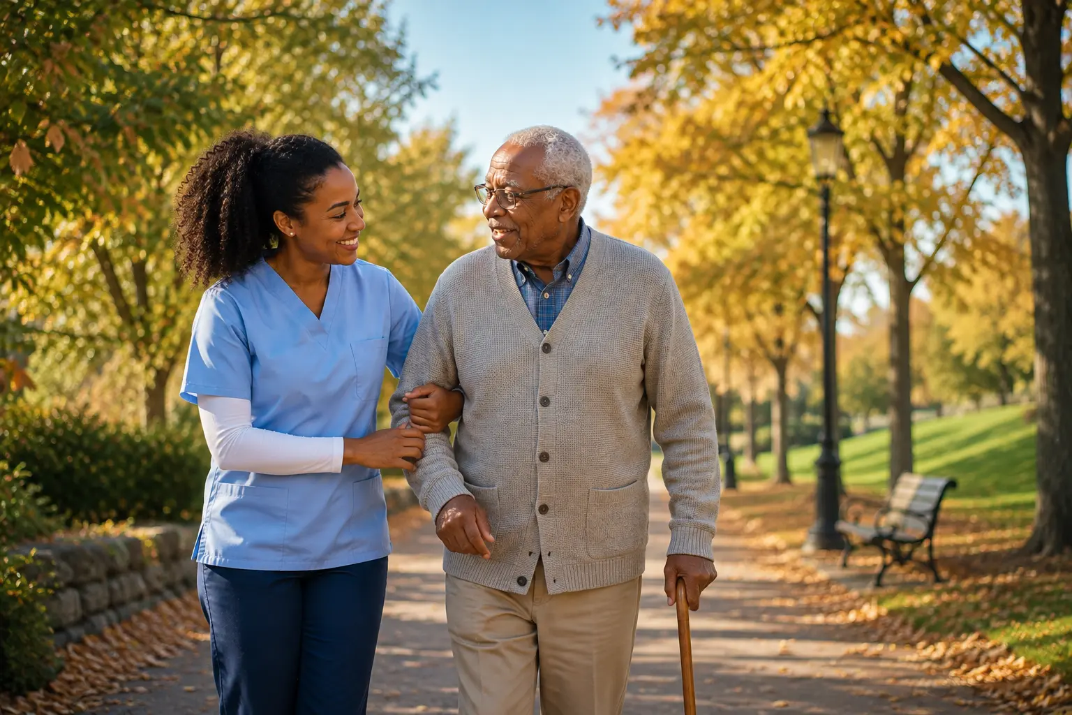 A companion walking arm in arm with an elderly man along a tree-lined autumn path