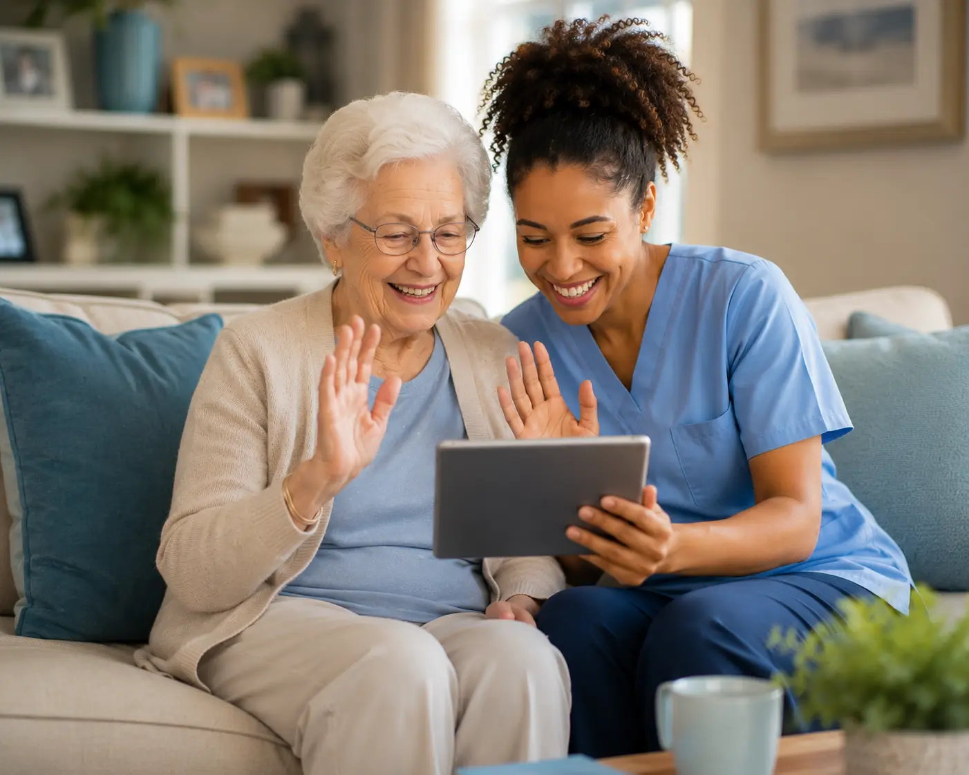 An elderly woman waving at a tablet during a video call while her companion holds it