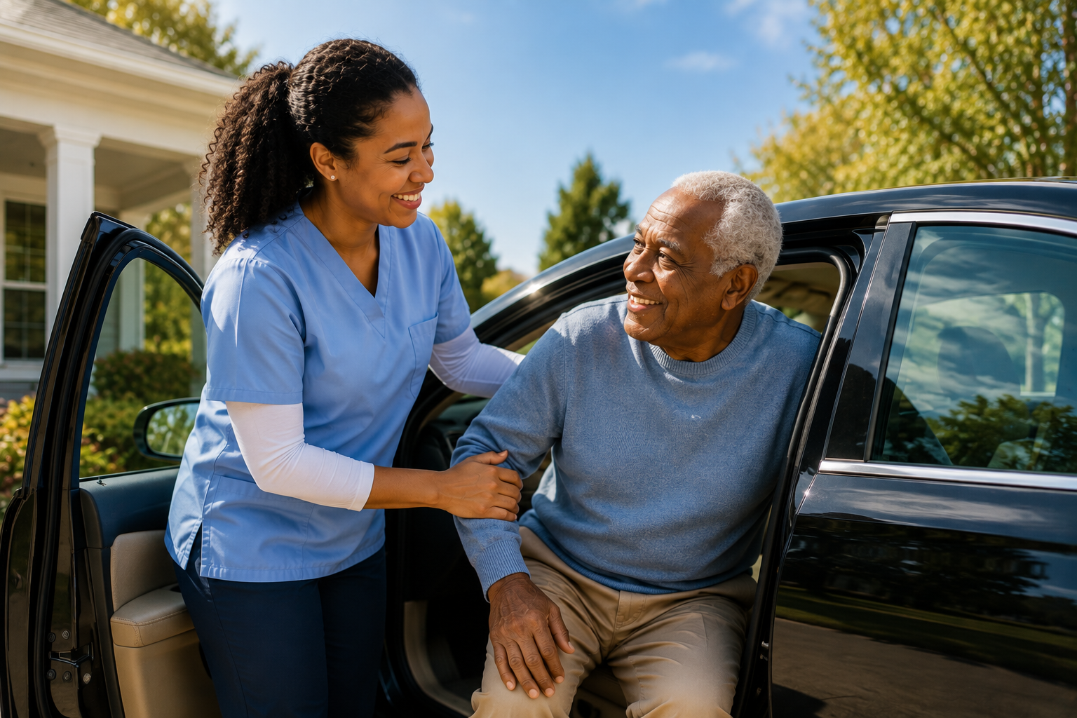 A companion helping an older man out of a car
