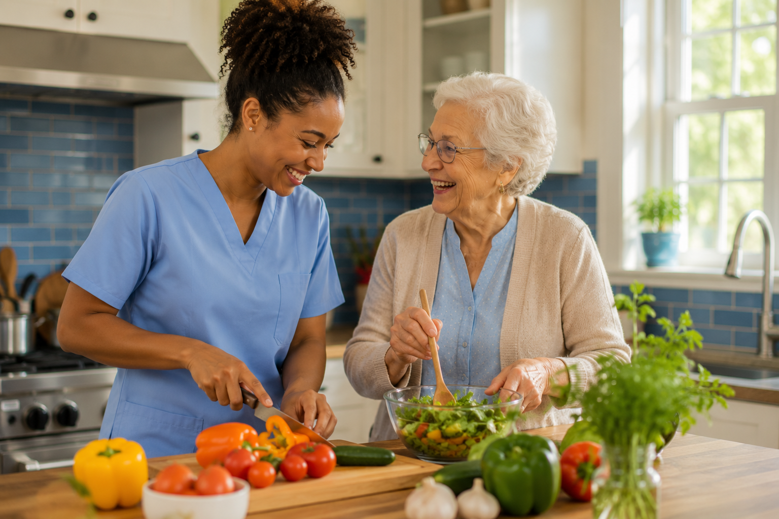 A companion and an older woman making a salad together