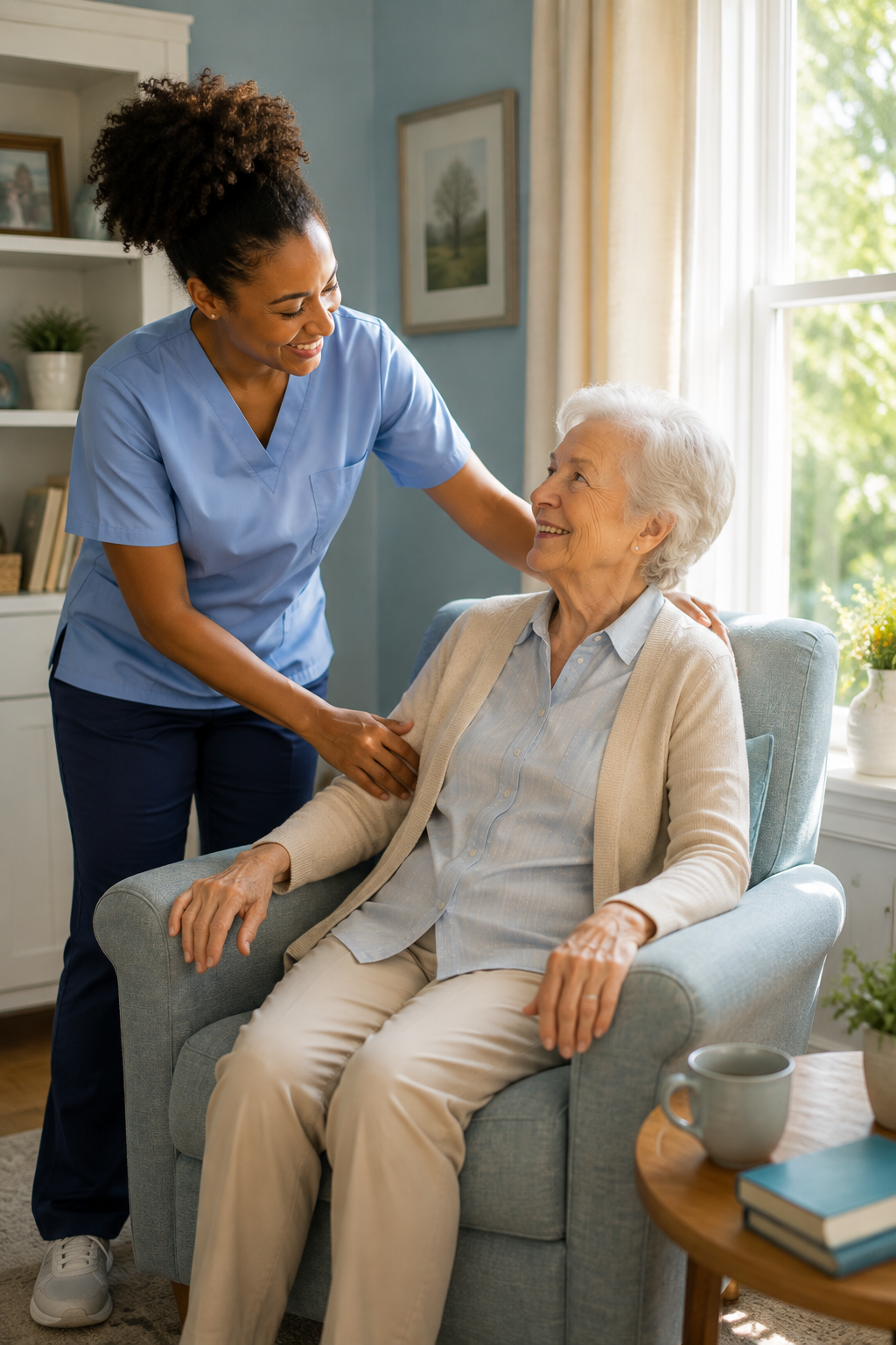 A companion checking in on an older woman in her armchair